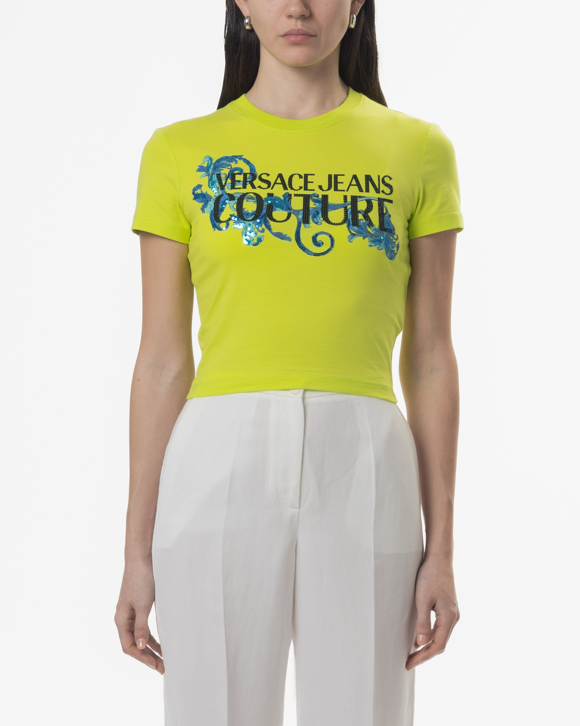 Tシャツ・カットソー VERSACE JEANS COUTURE Woman T-Shirt Green 78HAHC05CJ02C 166 Versace Jeans Couture 78HAHC05 Green T-shirt Crop - 492